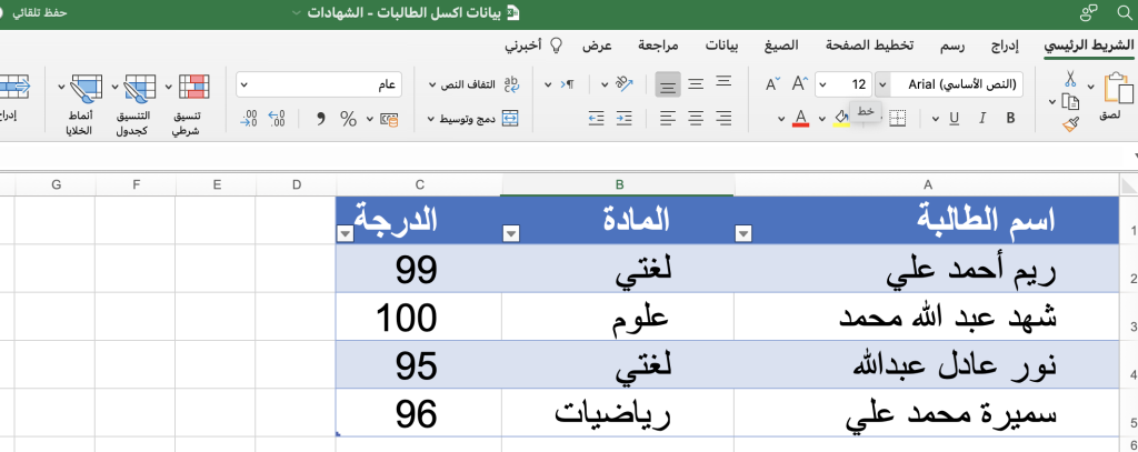 ملف بيانات الطالبات في اكسل
